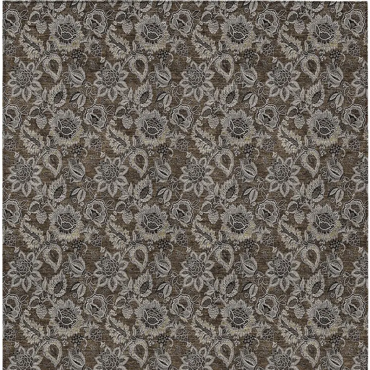 3' X 5' Chocolate And Charcoal Floral Washable Indoor Outdoor Area Rug