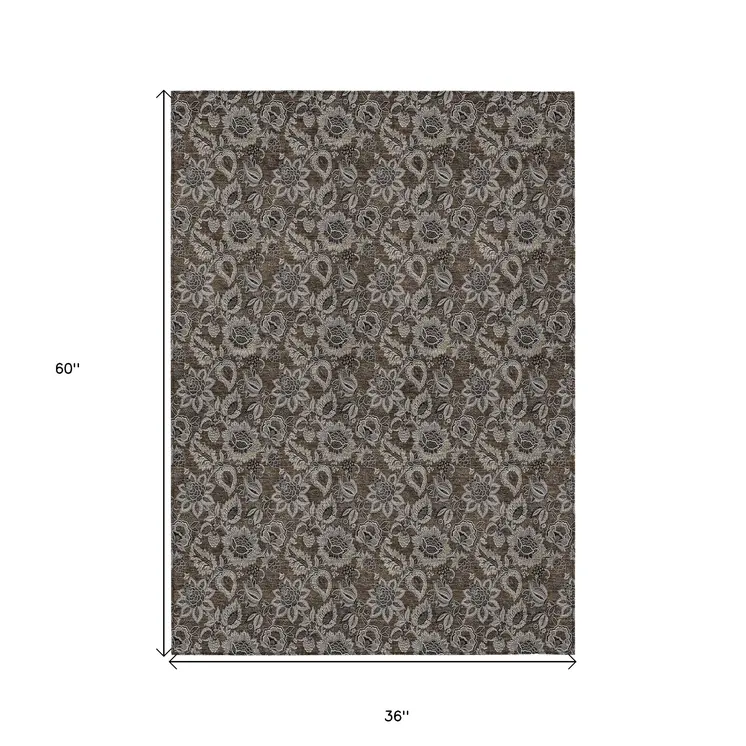 3' X 5' Chocolate And Charcoal Floral Washable Indoor Outdoor Area Rug