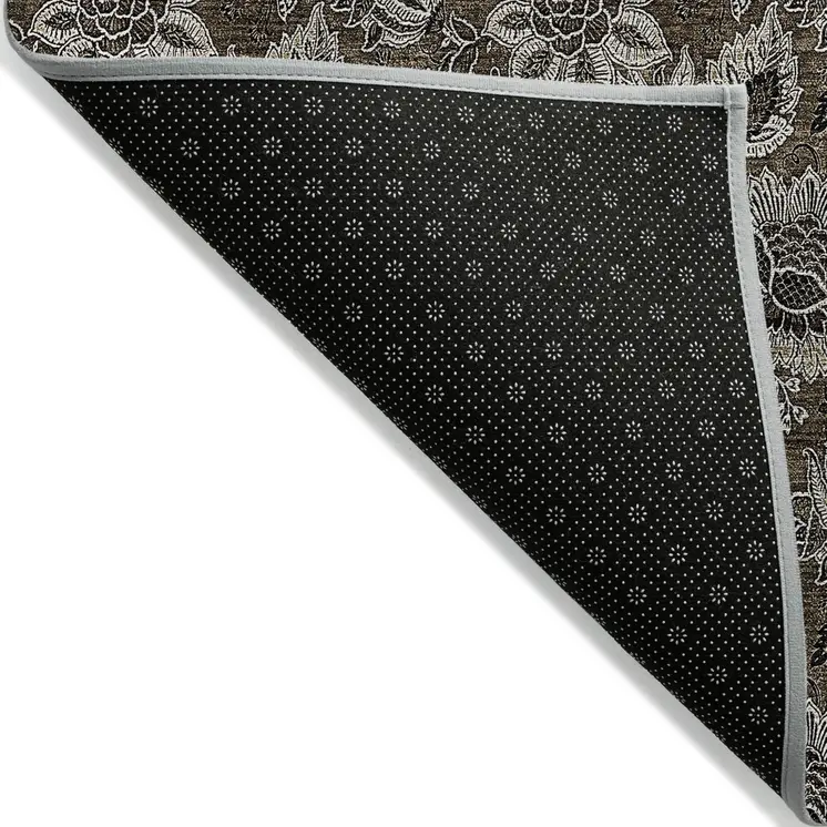 3' X 5' Chocolate And Charcoal Floral Washable Indoor Outdoor Area Rug