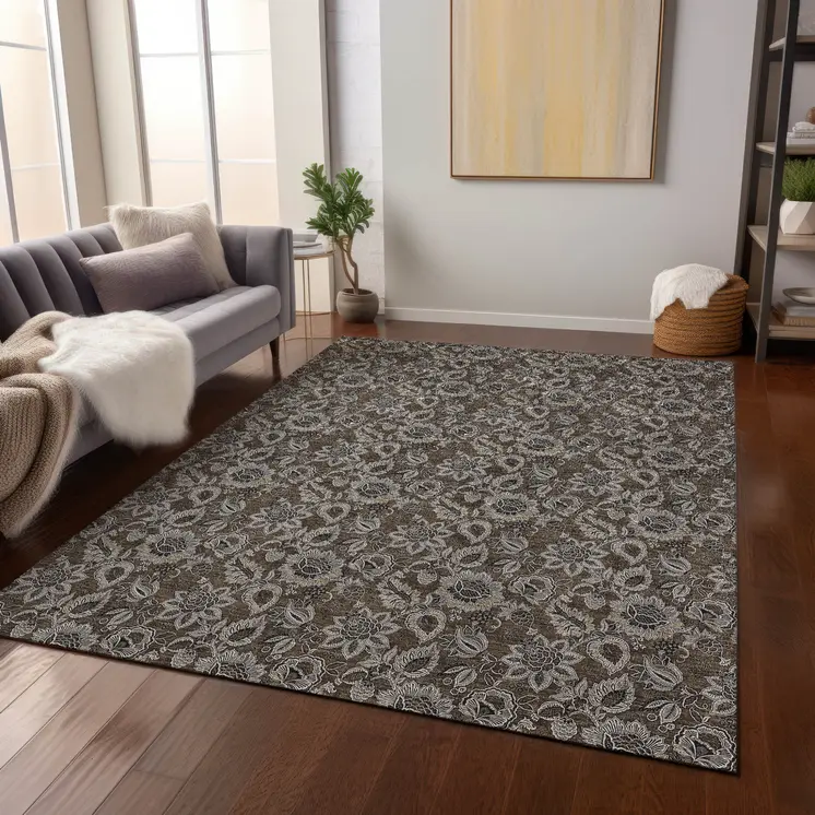 3' X 5' Chocolate And Charcoal Floral Washable Indoor Outdoor Area Rug