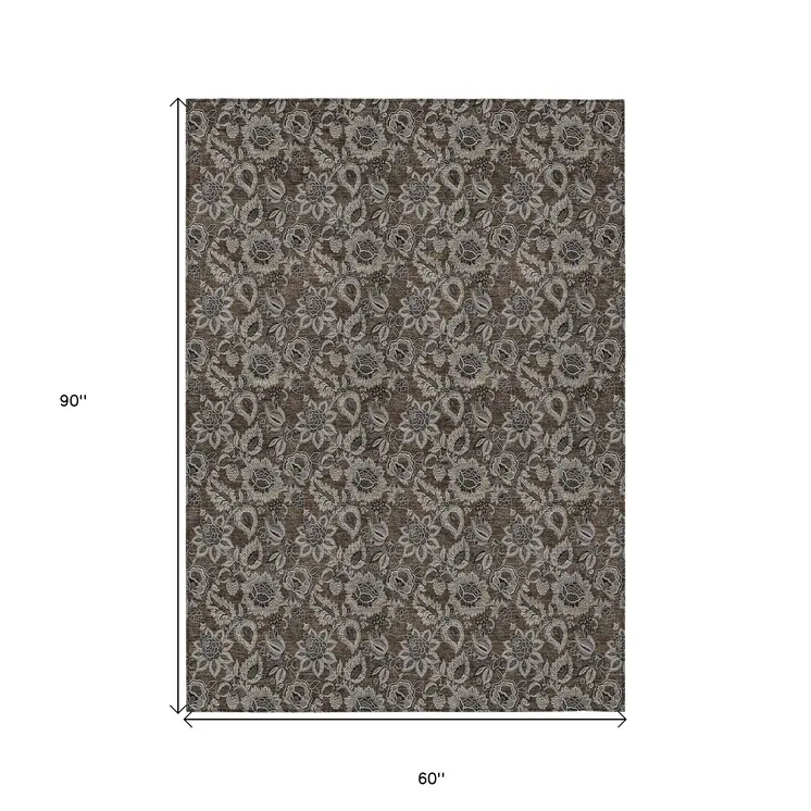 5' X 8' Chocolate And Charcoal Floral Washable Indoor Outdoor Area Rug