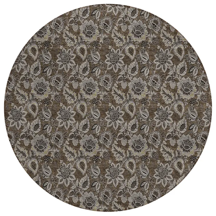 8' Chocolate And Charcoal Round Floral Washable Indoor Outdoor Area Rug
