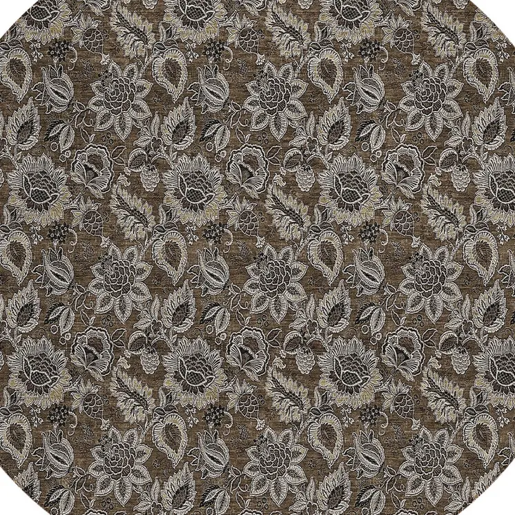 8' Chocolate And Charcoal Round Floral Washable Indoor Outdoor Area Rug