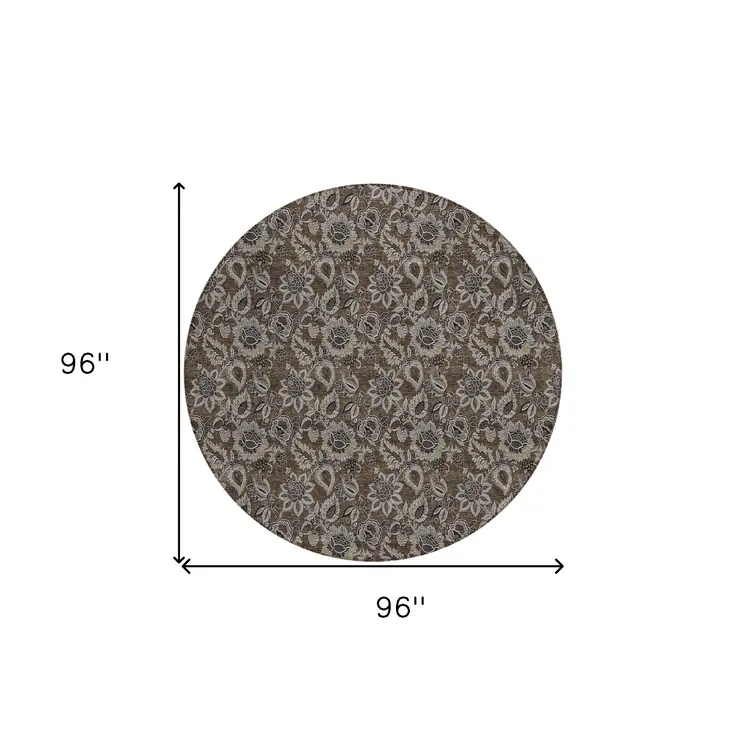 8' Chocolate And Charcoal Round Floral Washable Indoor Outdoor Area Rug