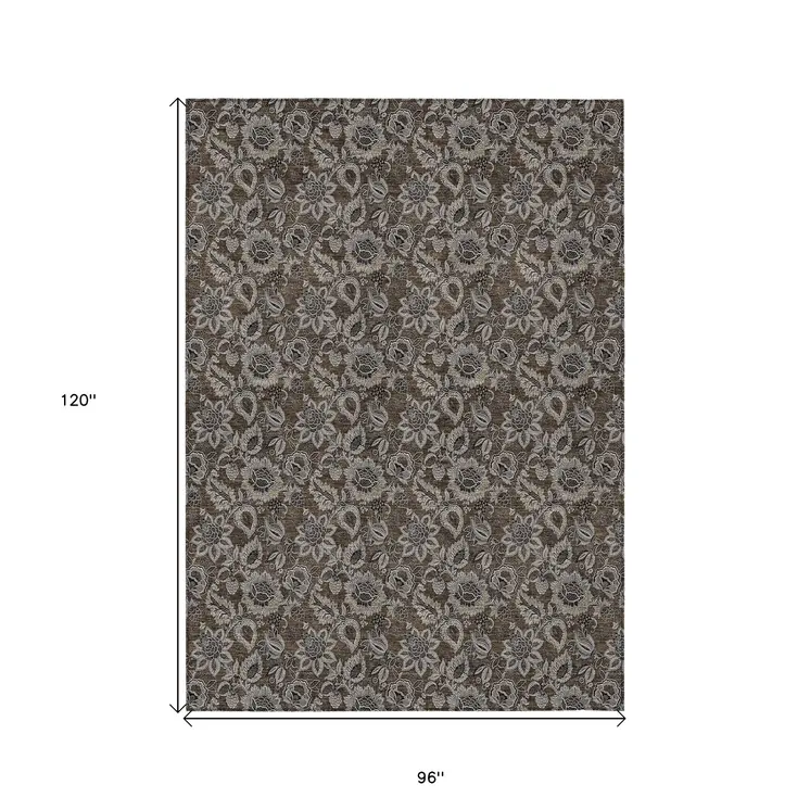 8' X 10' Chocolate And Charcoal Floral Washable Indoor Outdoor Area Rug