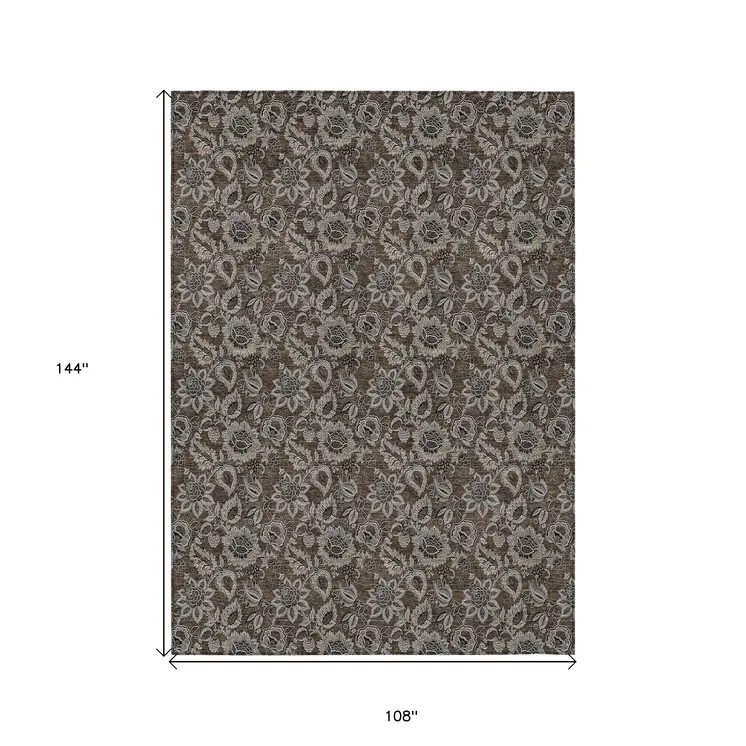 9' X 12' Chocolate And Charcoal Floral Washable Indoor Outdoor Area Rug