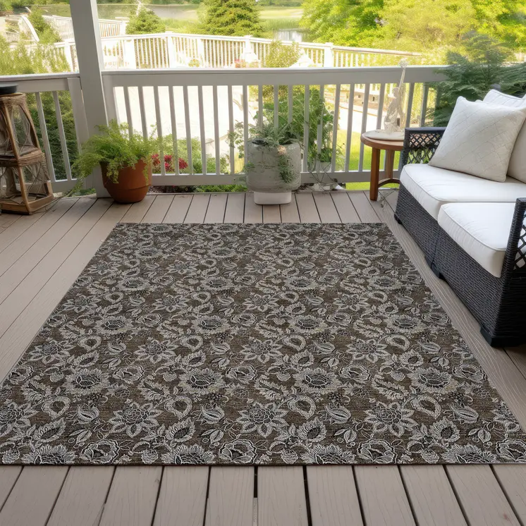 10' X 14' Chocolate And Charcoal Floral Washable Indoor Outdoor Area Rug