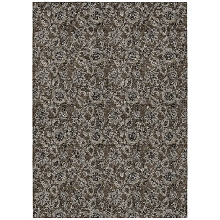 10' X 14' Chocolate And Charcoal Floral Washable Indoor Outdoor Area Rug