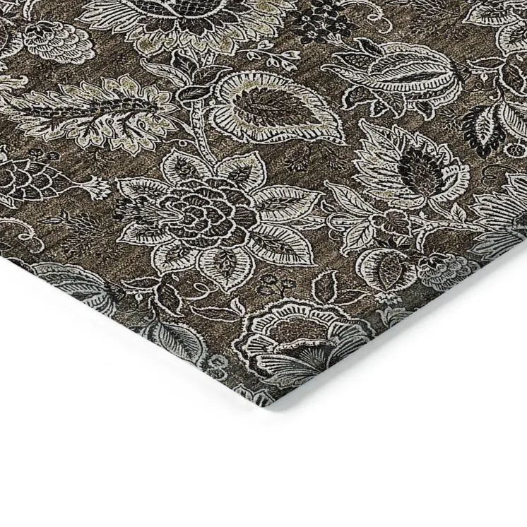 10' X 14' Chocolate And Charcoal Floral Washable Indoor Outdoor Area Rug