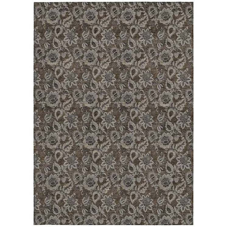 10' X 14' Chocolate And Charcoal Floral Washable Indoor Outdoor Area Rug