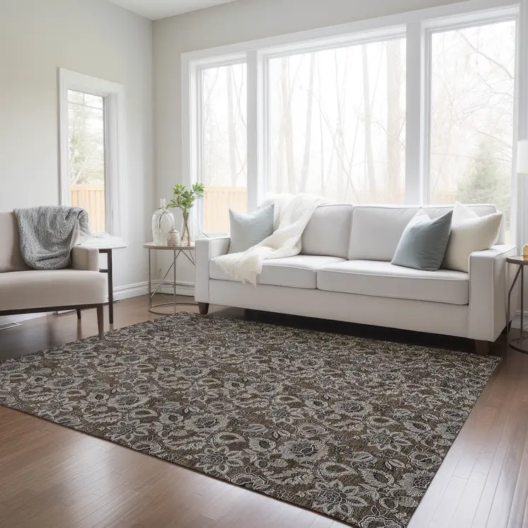 10' X 14' Chocolate And Charcoal Floral Washable Indoor Outdoor Area Rug