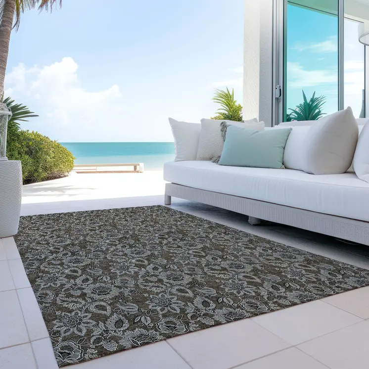10' X 14' Chocolate And Charcoal Floral Washable Indoor Outdoor Area Rug