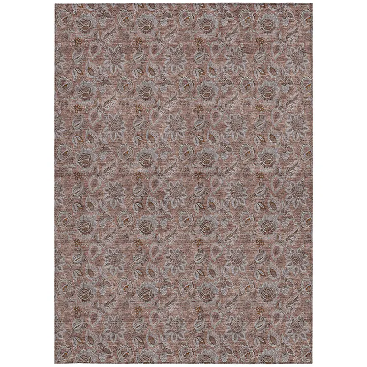 3' X 5' Copper Gray And Silver Floral Washable Indoor Outdoor Area Rug