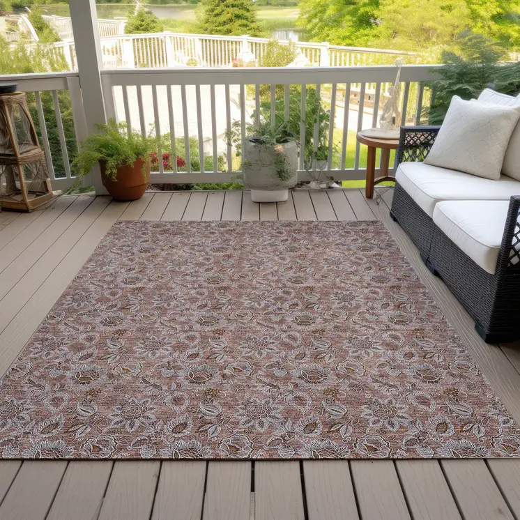3' X 5' Copper Gray And Silver Floral Washable Indoor Outdoor Area Rug