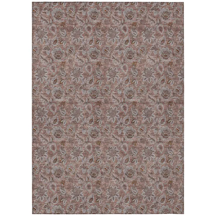 3' X 5' Copper Gray And Silver Floral Washable Indoor Outdoor Area Rug