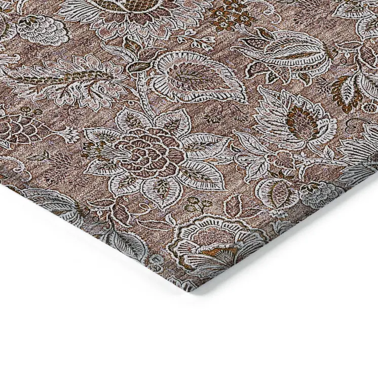 3' X 5' Copper Gray And Silver Floral Washable Indoor Outdoor Area Rug