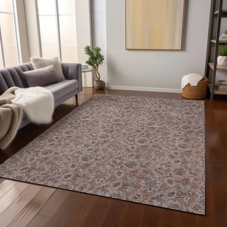 3' X 5' Copper Gray And Silver Floral Washable Indoor Outdoor Area Rug