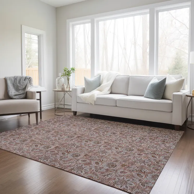 3' X 5' Copper Gray And Silver Floral Washable Indoor Outdoor Area Rug