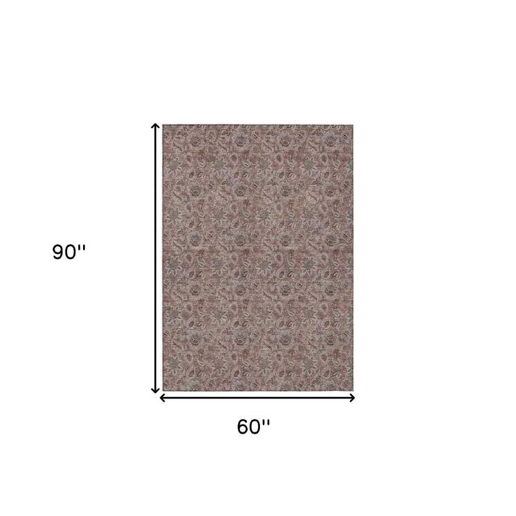 5' X 8' Copper Gray And Silver Floral Washable Indoor Outdoor Area Rug
