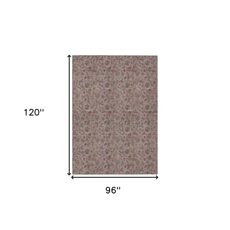 8' X 10' Copper Gray And Silver Floral Washable Indoor Outdoor Area Rug