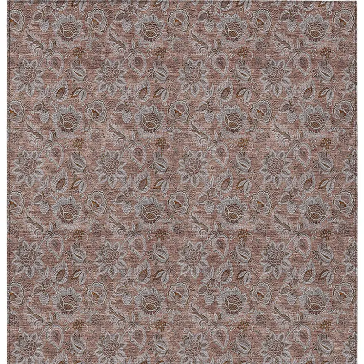 9' X 12' Copper Gray And Silver Floral Washable Indoor Outdoor Area Rug