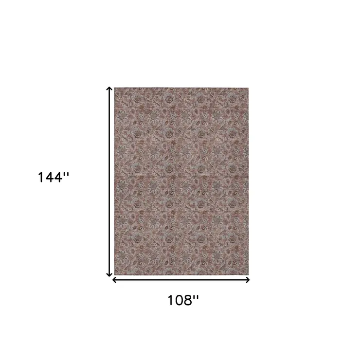 9' X 12' Copper Gray And Silver Floral Washable Indoor Outdoor Area Rug