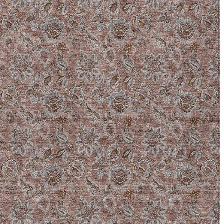 10' X 14' Copper Gray And Silver Floral Washable Indoor Outdoor Area Rug