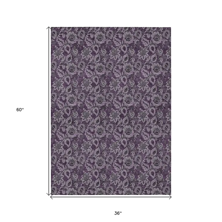 3' X 5' Eggplant Purple And Lilac Floral Washable Indoor Outdoor Area Rug