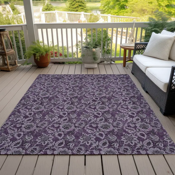 3' X 5' Eggplant Purple And Lilac Floral Washable Indoor Outdoor Area Rug