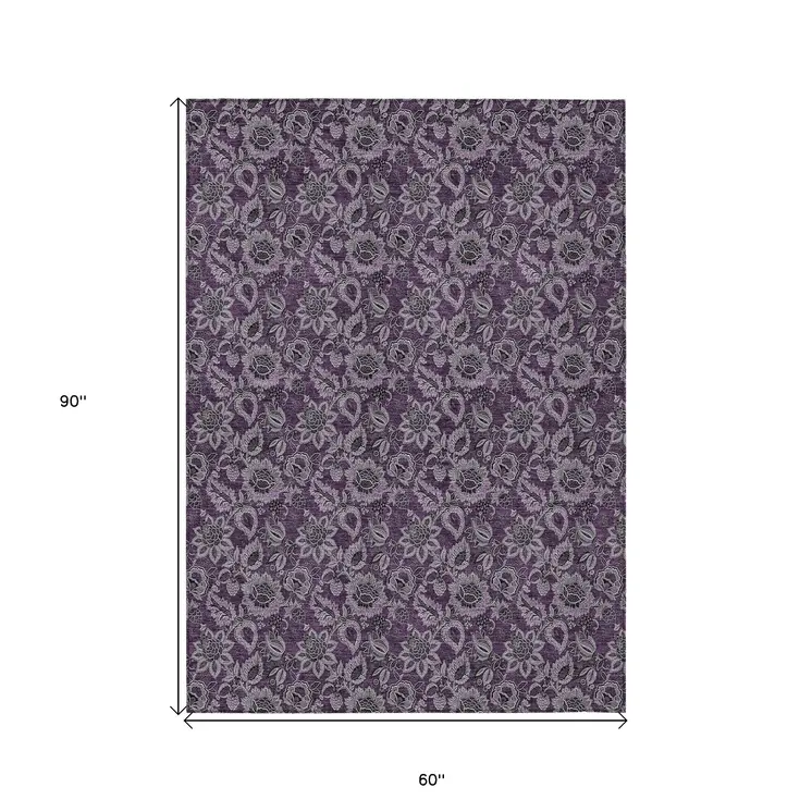 5' X 8' Eggplant Purple And Lilac Floral Washable Indoor Outdoor Area Rug