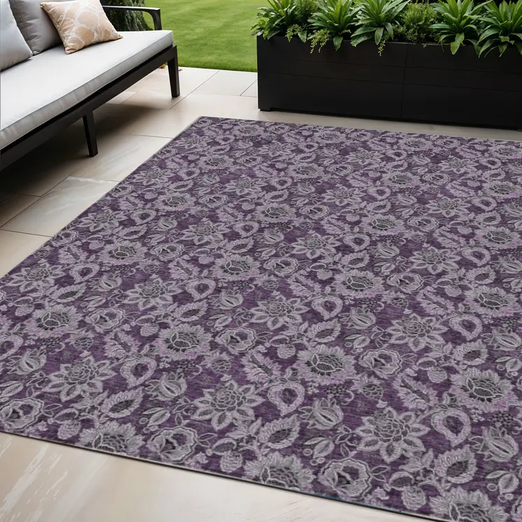 5' X 8' Eggplant Purple And Lilac Floral Washable Indoor Outdoor Area Rug