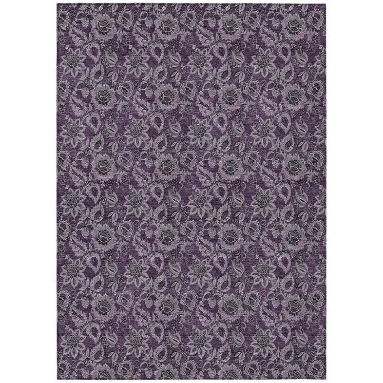 5' X 8' Eggplant Purple And Lilac Floral Washable Indoor Outdoor Area Rug