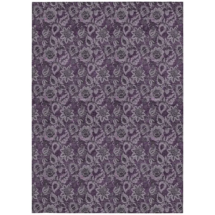 5' X 8' Eggplant Purple And Lilac Floral Washable Indoor Outdoor Area Rug