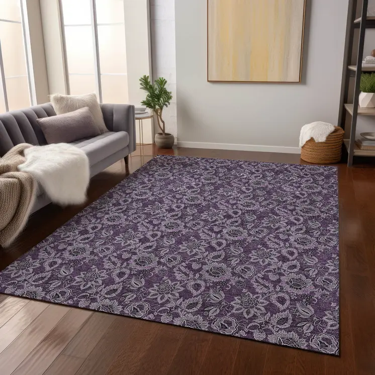 5' X 8' Eggplant Purple And Lilac Floral Washable Indoor Outdoor Area Rug