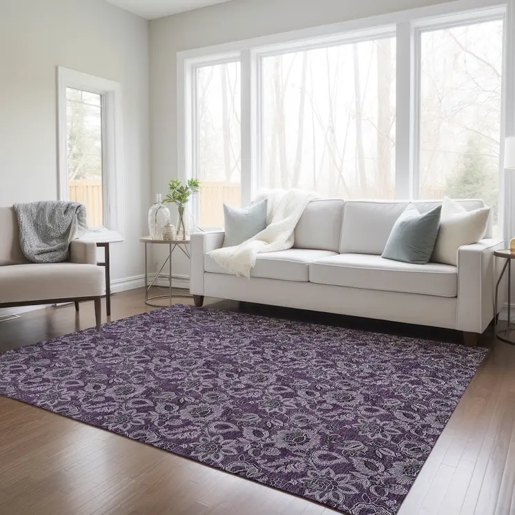 5' X 8' Eggplant Purple And Lilac Floral Washable Indoor Outdoor Area Rug