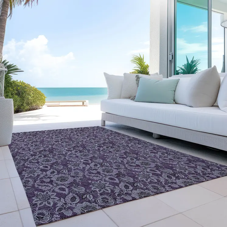 5' X 8' Eggplant Purple And Lilac Floral Washable Indoor Outdoor Area Rug