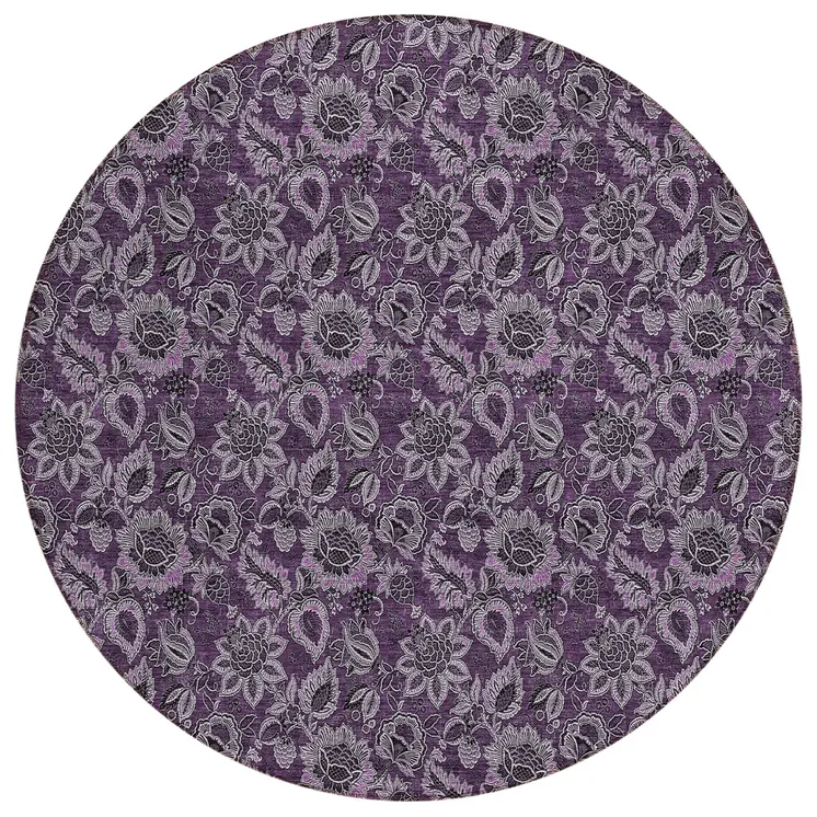 8' Eggplant Purple And Lilac Round Floral Washable Indoor Outdoor Area Rug