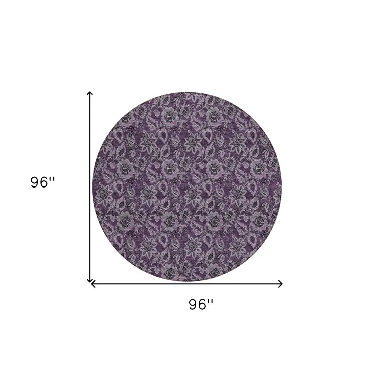 8' Eggplant Purple And Lilac Round Floral Washable Indoor Outdoor Area Rug