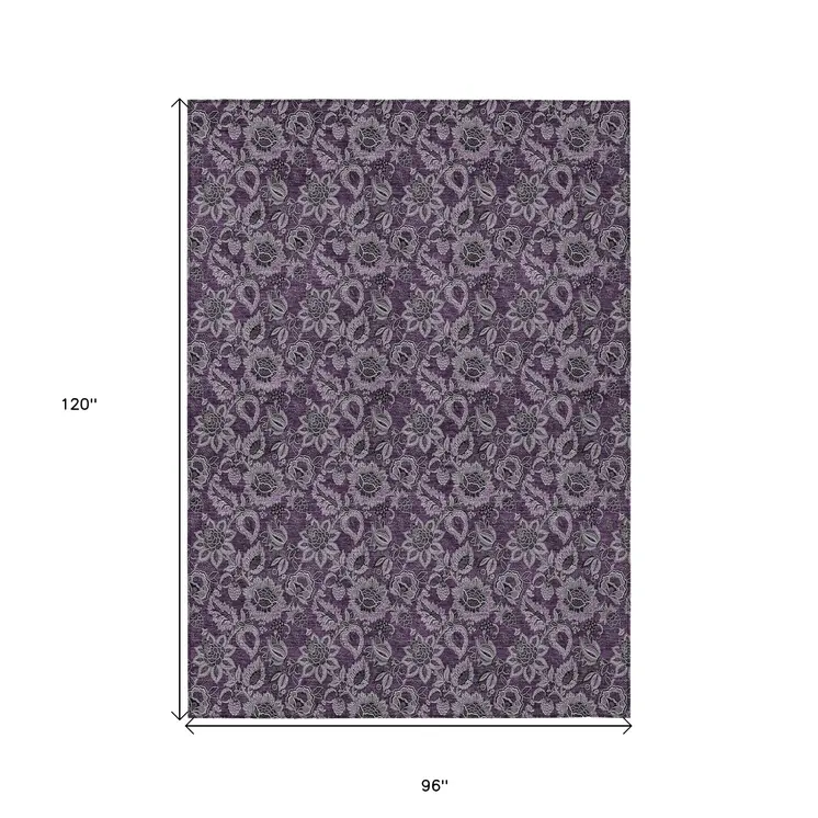 8' X 10' Eggplant Purple And Lilac Floral Washable Indoor Outdoor Area Rug