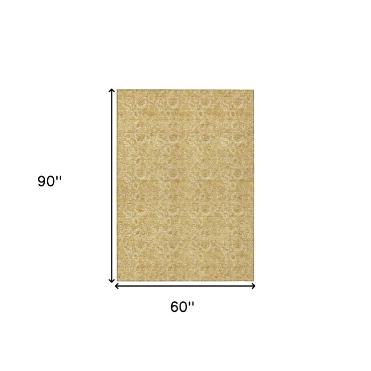 5' X 8' Gold And Wheat Floral Washable Indoor Outdoor Area Rug