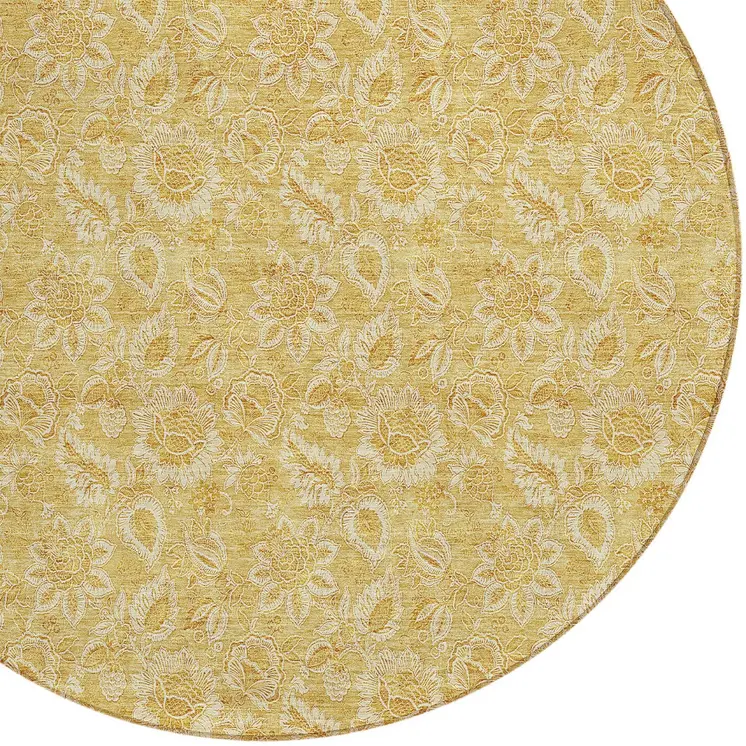 8' Gold And Wheat Round Floral Washable Indoor Outdoor Area Rug