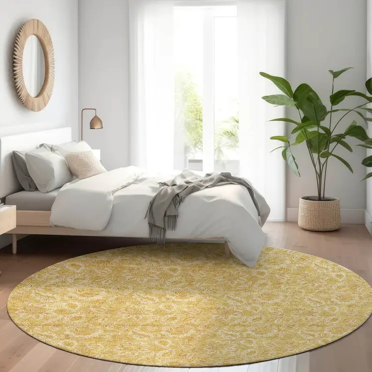 8' Gold And Wheat Round Floral Washable Indoor Outdoor Area Rug