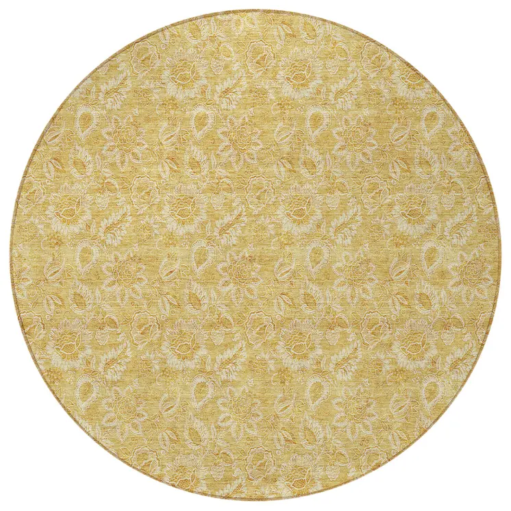 8' Gold And Wheat Round Floral Washable Indoor Outdoor Area Rug