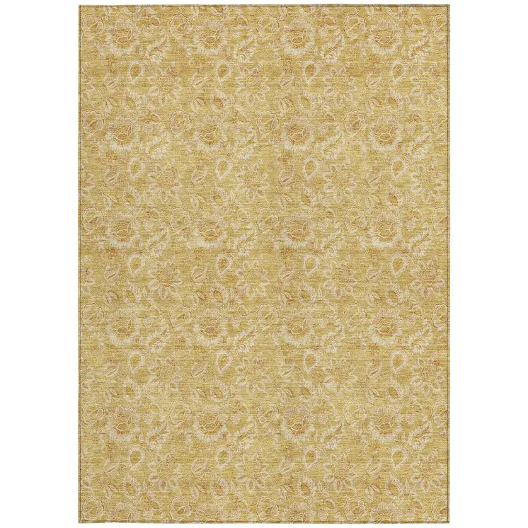 8' X 10' Gold And Wheat Floral Washable Indoor Outdoor Area Rug