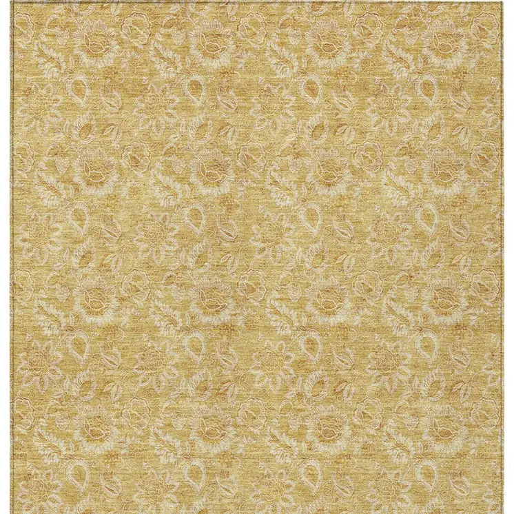 9' X 12' Gold And Wheat Floral Washable Indoor Outdoor Area Rug