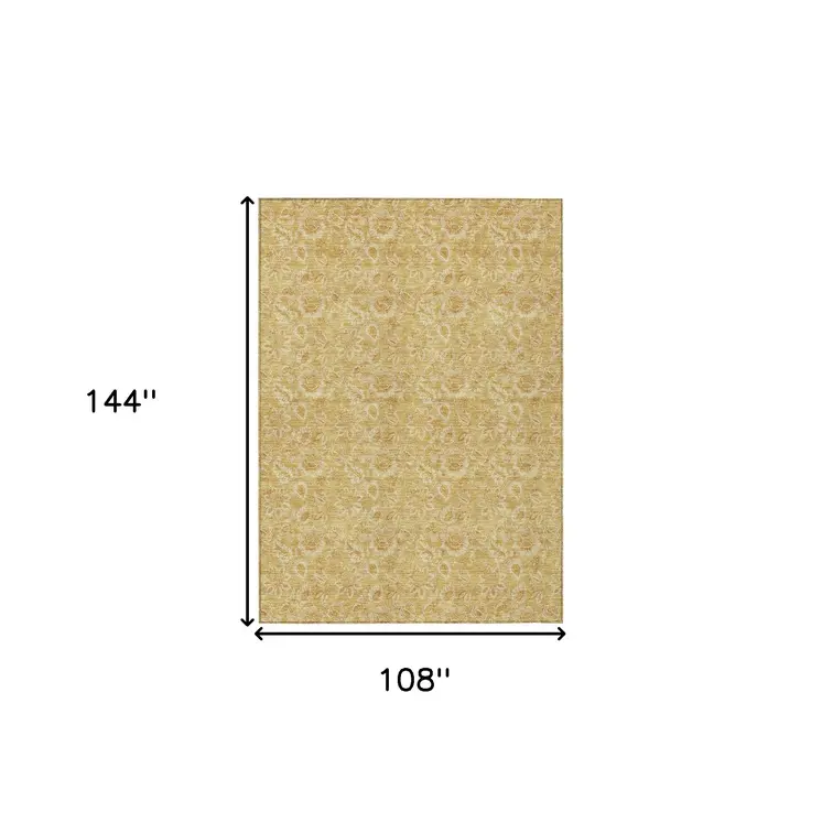 9' X 12' Gold And Wheat Floral Washable Indoor Outdoor Area Rug