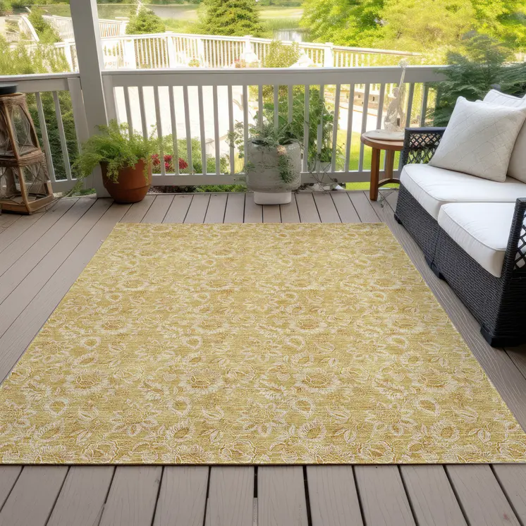 9' X 12' Gold And Wheat Floral Washable Indoor Outdoor Area Rug
