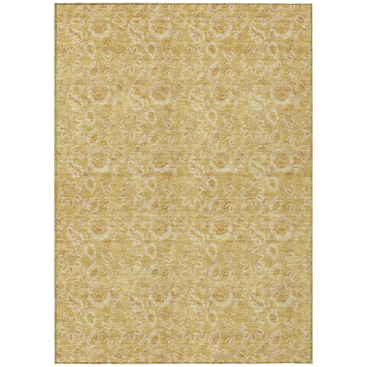 9' X 12' Gold And Wheat Floral Washable Indoor Outdoor Area Rug