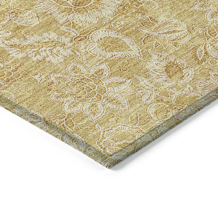 9' X 12' Gold And Wheat Floral Washable Indoor Outdoor Area Rug