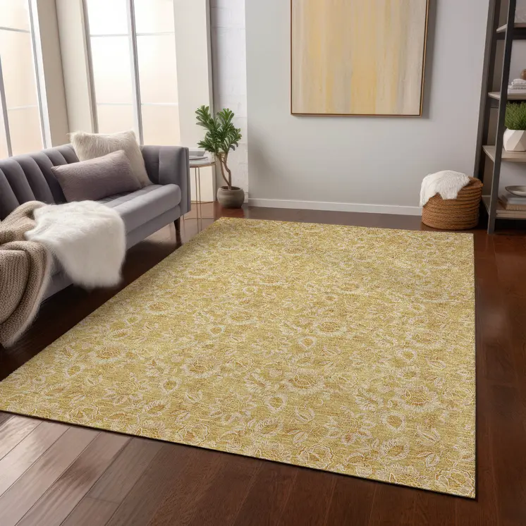 9' X 12' Gold And Wheat Floral Washable Indoor Outdoor Area Rug